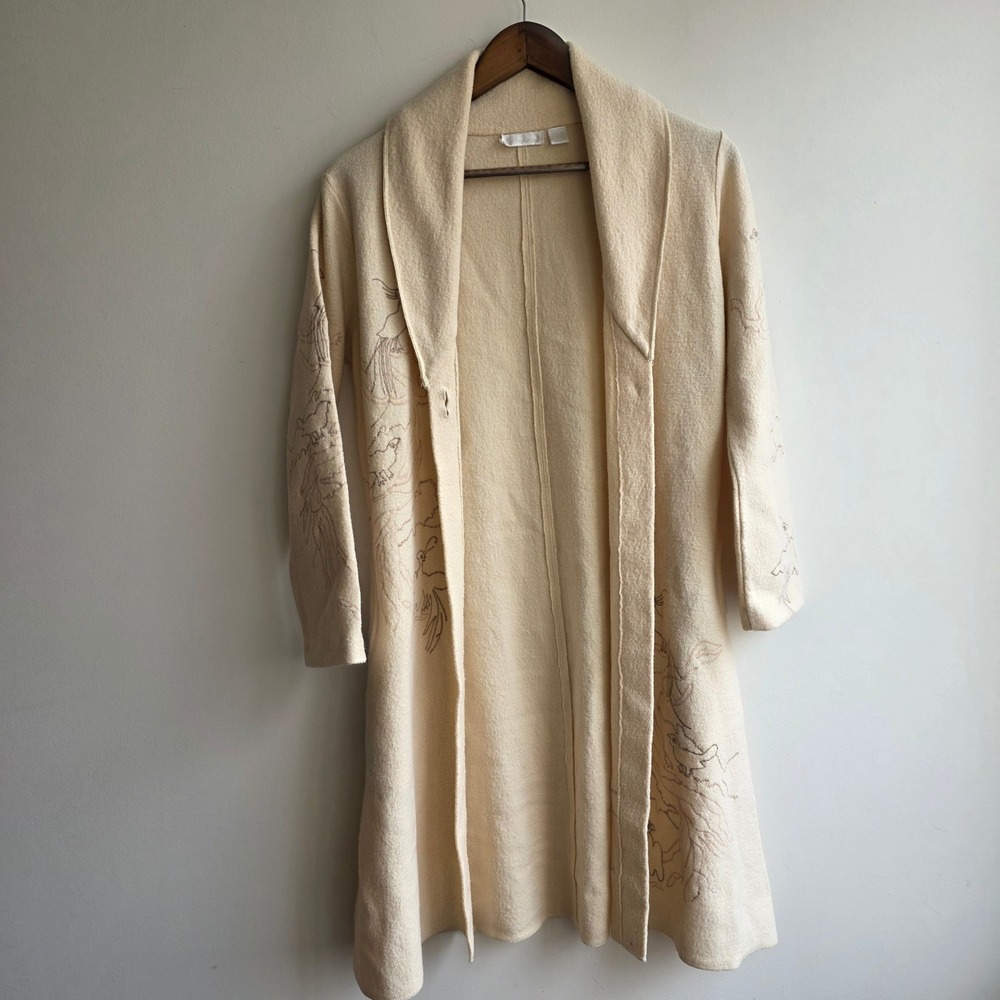 Whitewash Boiled Wool Embroidered Peacock Bird Long Cardigan Duster Cream Small